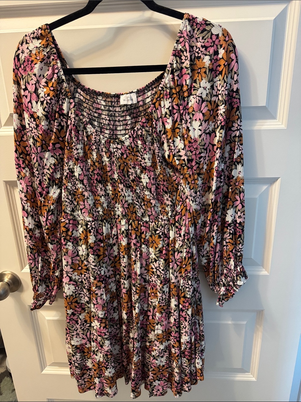 Floral Smocked Long Sleeve Dress Pink/Mustard/White. Perfect with Cowboy Boots!